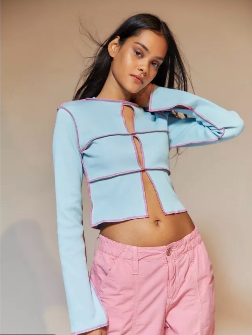 NWT The Ragged Priest Cutout Crop Top - Blue & Pink Contrast Stitch